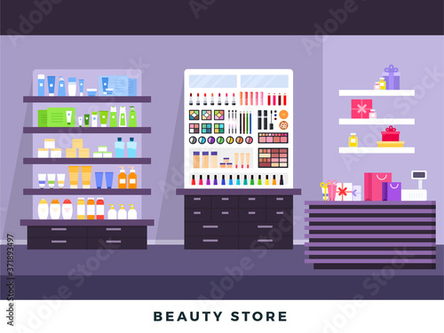 Cosmetics store interior with make up objects, shopping, beauty shop, cosmetic products, health and beauty with products on shelves. Vector flat set illustration