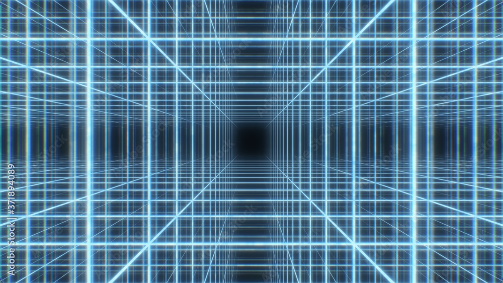 Retro 80s Neon Light Wireframe Grid Cube Array Synthwave 3D Tunnel - Abstract Background Texture