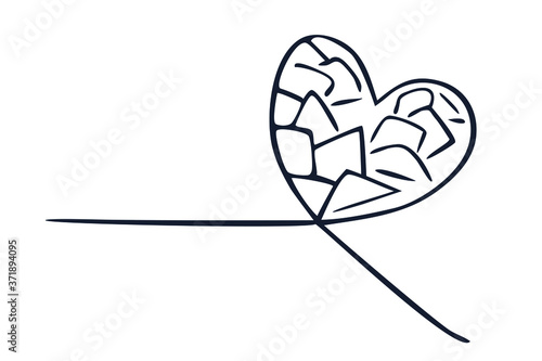 Desenho linear de um coração remendado, evocando uma sensação de delicadeza e cuidado. Ilustração vetorial.