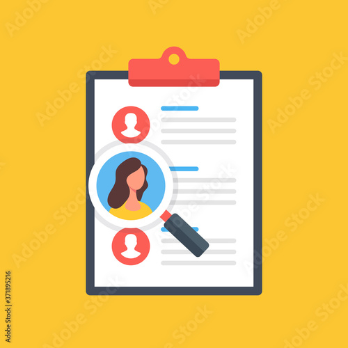 Choosing employee. Clipboard with list of candidates and magnifying glass. Human resources, employment, recruiting concepts. Modern flat design graphic elements. Vector illustration