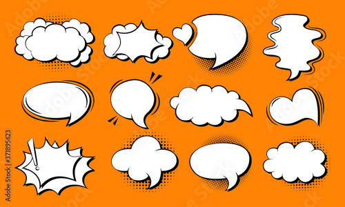 Speech bubble comic pop art set. Cartoon 80s-90s Retro empty design elements dialog clouds with halftone dot background. Speech thought blobs comics book, vintage banner. Vector illustration Isolated