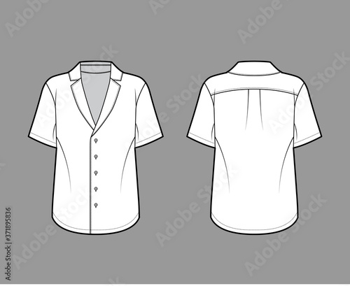 Pajama-style shirt technical fashion illustration with loose fit, pointed notch collar, front button fastenings, short sleeves. Flat apparel template front back white color. Women men unisex top