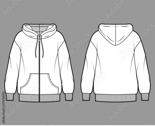 Zip-up oversized cotton-fleece hoodie technical fashion illustration with pocket, relaxed fit, long sleeves. Flat jumper apparel template front, back white color. Women, men, unisex sweatshirt top CAD