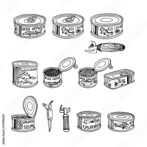 set of fish caviar, canned  squid & seaweed, delicious seafood, logo or emblem, vector illustration with black ink contour lines isolated on a white background in a hand drawn & doodle style