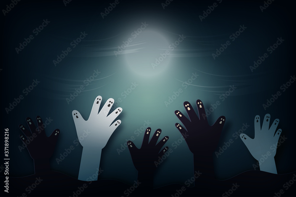Halloween background in spooky night paper art style.Zombie hand rising from graveyard.Vector illustration.