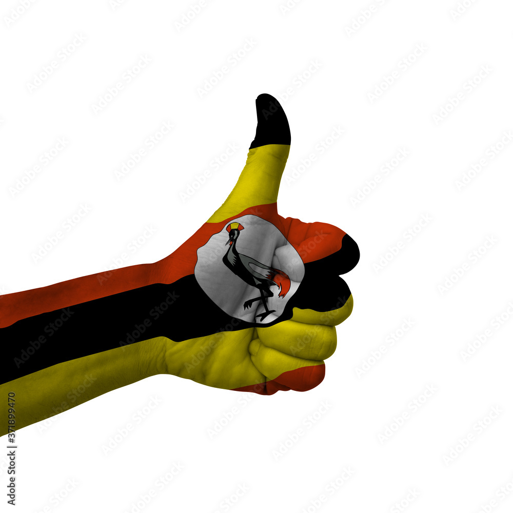 Hand making thumbs up sign, uganda painted with flag as symbol of thumbs up, like, okay, positive - isolated on white background Hand making thumbs up sign, uganda painted with flag as symbol of thumbs up, like, okay, positive - isolated on white background