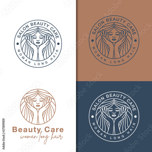 line art style woman beauty care with hand logo for salon, cosmetic, skin care your business