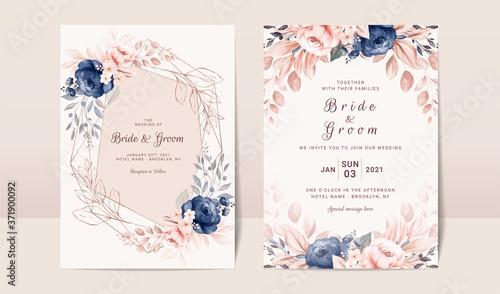 Stampa su tela Floral wedding invitation template set with navy and peach watercolor roses and leaves decoration