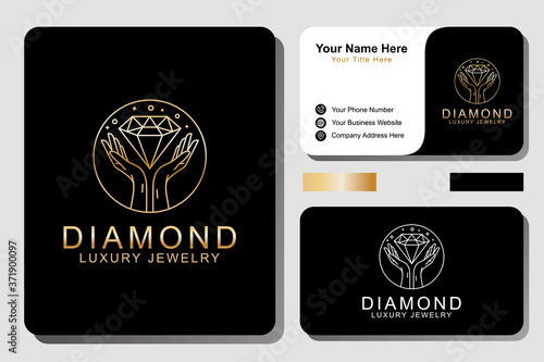 luxury diamond jewelery with hand line art logo design vector template