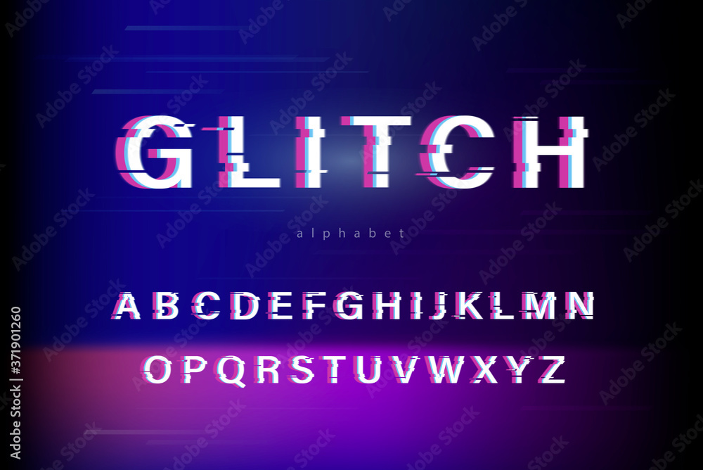 Glitch style capital letter alphabet font set on vivid abstract dark blue and purple  background