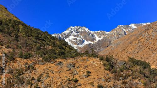 View of a valley with  a narrow path leading up to the snow clad peaks in the distant at North Sikkim in India