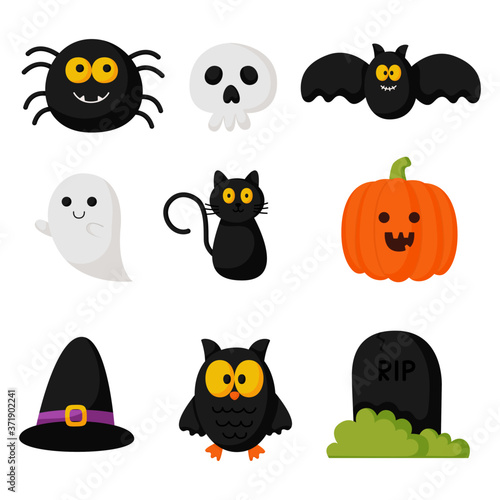 happy halloween cartoon simple elements set isolated on white background. vector illustration.