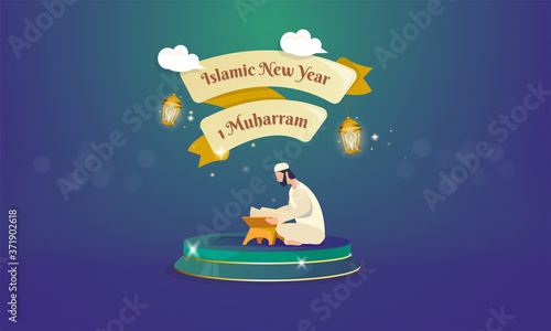 A muslim reads Al-Quran for Islamic new year greeting card concept