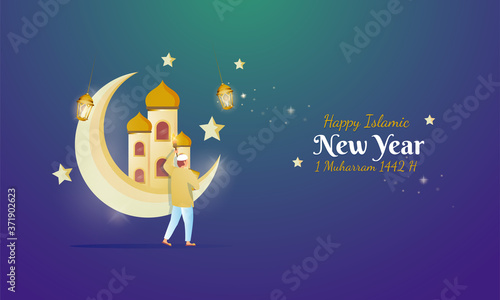 A muslim character with mosque and moon for Islamic new year greeting card concept