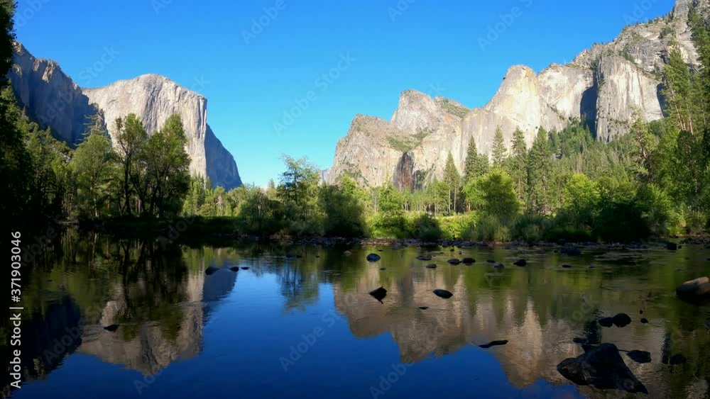 Yosemite National Park, USA. Valley View. Reflecting landscape creating a beautiful mirror effect. Panning motion to the left. Yosemite National Park, USA. Valley View. Reflecting landscape creating a beautiful mirror effect. Panning motion to the left.