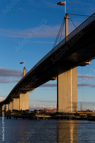 A view of Melbourne CBD during Stage 4 Lockdowns. Westgate Bridge during Sunset.