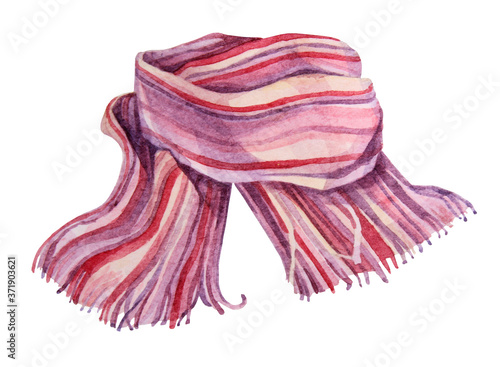 Watercolor hand-drawn red winter or autumn scarf with stripes isolated on white background. Art creative object clothes for sticker, card, wallpaper, celebration