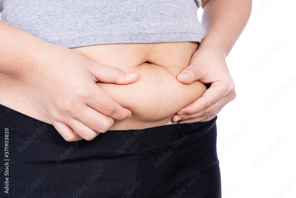 Fat woman holding excessive fat belly, overweight fatty belly isolated on over white background. Diet lifestyle, weight loss, stomach muscle, healthy concept. Fat woman holding excessive fat belly, overweight fatty belly isolated on over white background. Diet lifestyle, weight loss, stomach muscle, healthy concept.