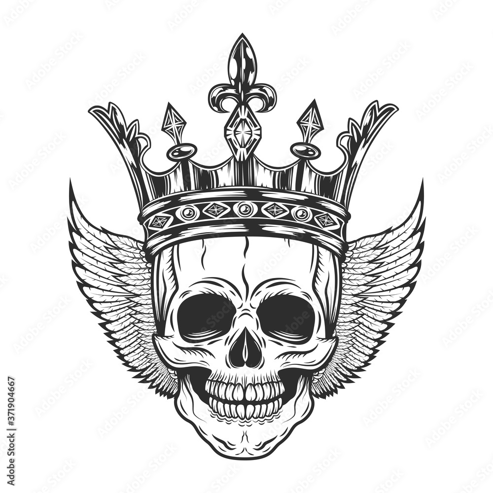 Vintage king prince skull in crown with wings monochrome isolated ...