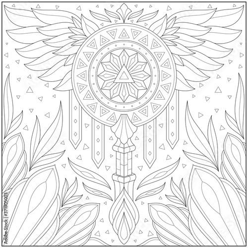 Fantasy wings staff with ornament, Adult and kid coloring page in stylish vector illustration for education and learning