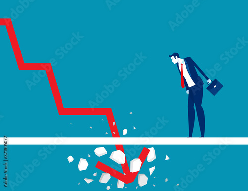 Looking down at the falling red arrow. Business worried concept