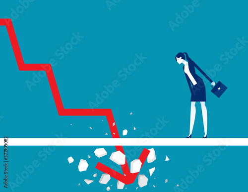 Looking down at the falling red arrow. Business worried concept