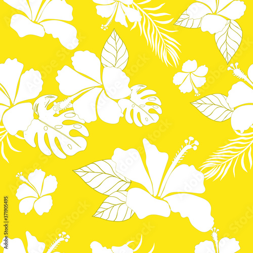 Hibiscus Flower Hawaiian Floral Pattern On Yellow Background. Tropical Flower Seamless repeat patterns