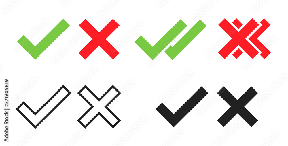 Check mark and cross icon set vector illustration in flat style Check mark and cross icon set vector illustration in flat style