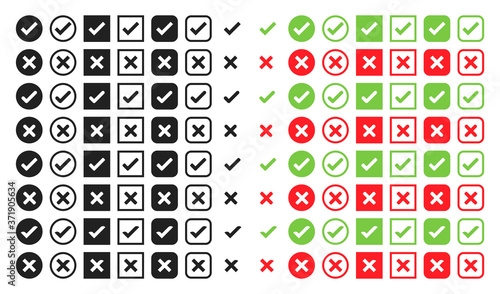 Check mark and cross icon big set vector illustration. Red, green and black