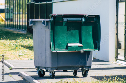 View of garbage container in the downtown area of Reims, a city in the Grand Est region of France and one of the oldest in Europe
