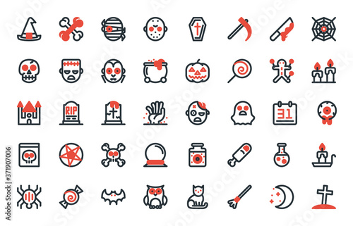 halloween line icons red color style