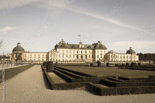 Drottningholm, Sweden - April 21 2019: the front view of Drottningholm palace in a sunny day on April 21 2019 in Drottningholm Sweden. photo