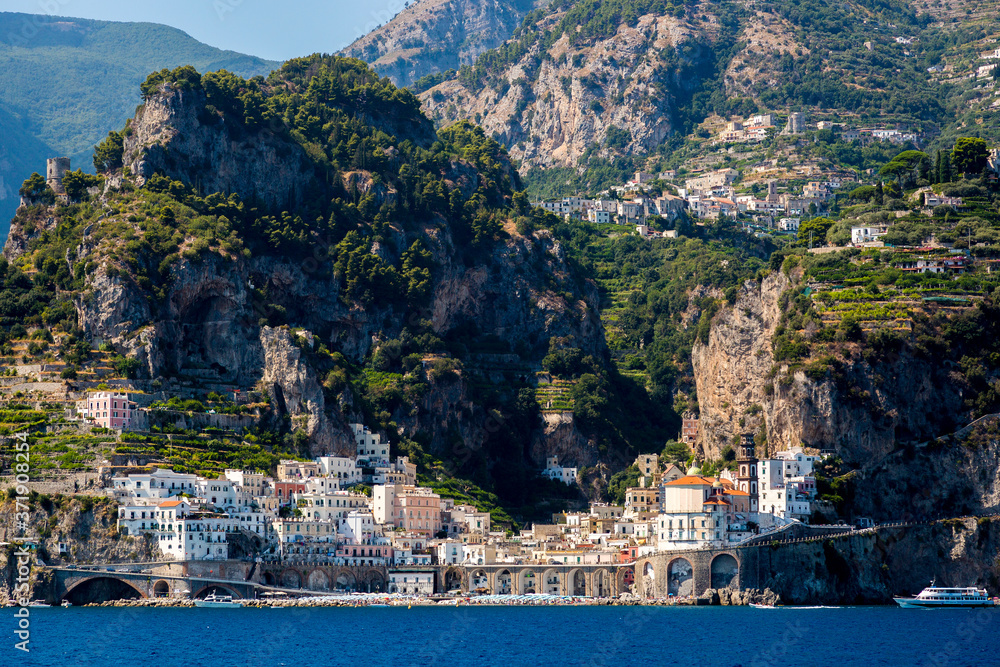 View from the sea to the town of Atrani in Italy on the Tyrrhenian Sea