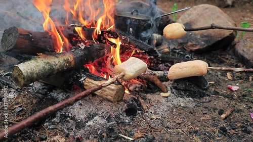 Roasting bread buns on wooden stick over campfire. Slow motion medium wide shot photo