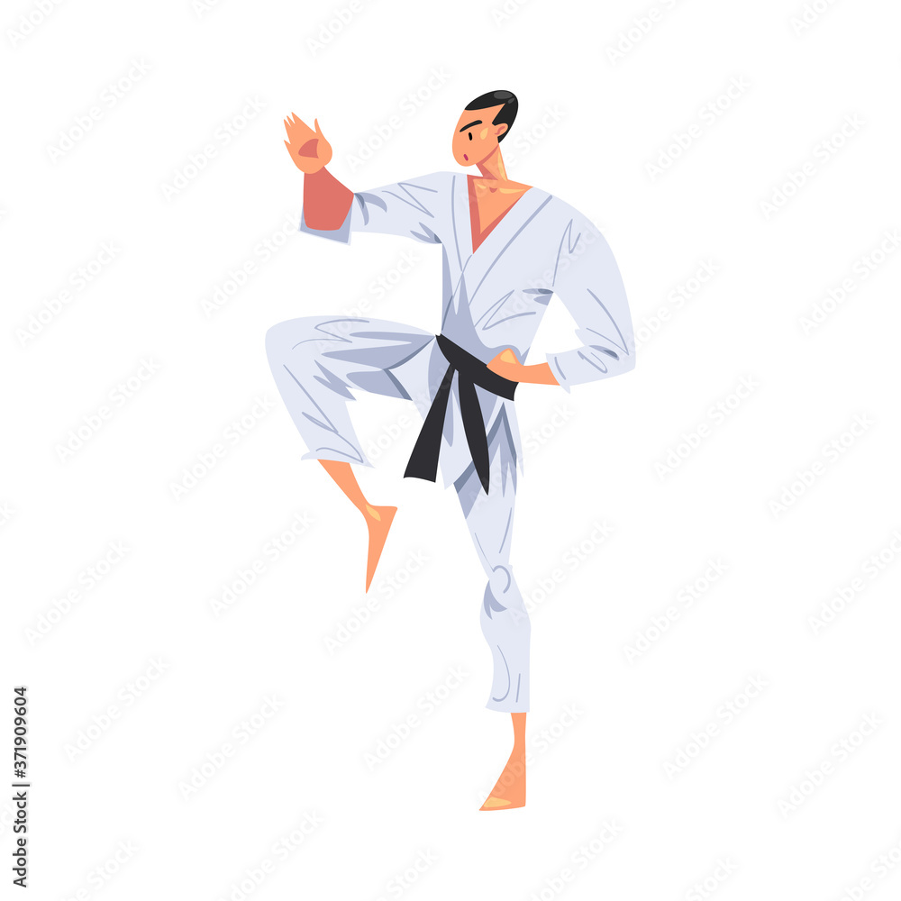 Male Karate Fighter Character Practicing Traditional Japan Martial Art Cartoon Style Vector Illustration
