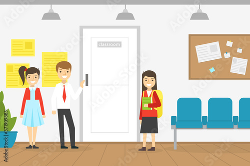 Cute Pupils Standing at Closed Classroom Door, School Interior, Back to School Concept Cartoon Vector Illustration
