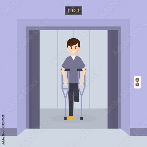 One Legged Young Man with Amputated Leg Standing with Crutches in Elevator Cartoon Vector Illustration