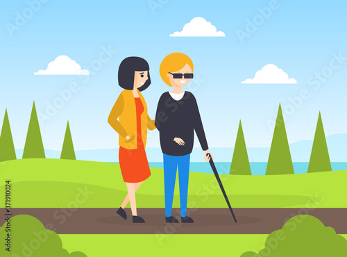 Woman Helping to Blind Woman to Walk, Disabled Person and Volunteer or Friend Helping Her Cartoon Vector Illustration