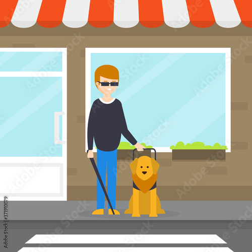 Seeing Eye Dog Guiding a Blind Man, Dog Companion and its Owner on Walk Cartoon Vector Illustration