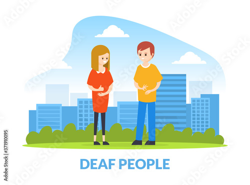 Deaf Man and woman Talking to Each Other with Gestures, Hearing Disability Concept Cartoon Vector Illustration