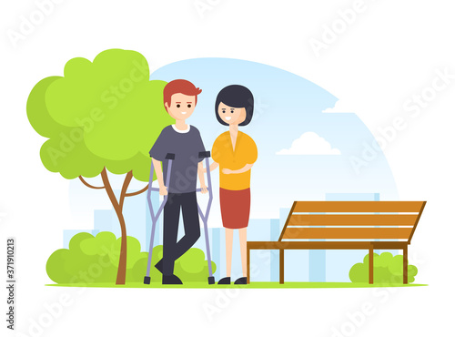 Woman Helping to Man on Crutches Walking in Park Outdoors, Handicapped Person and Volunteer or Friend Helping Him Cartoon Vector Illustration