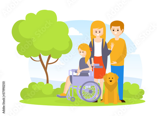 Family and Handicapped Daughter Walking Outdoors, Disabled Girl in Wheelchair with her Happy Mother and Father, Assistance to Handicapped Person Cartoon Vector Illustration