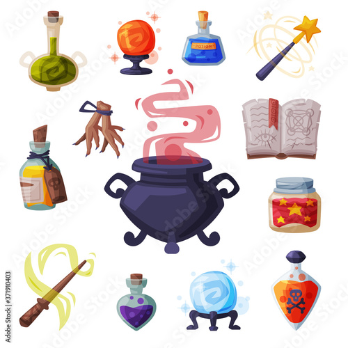 Collection of Occult Magic Objects for Mystic Rituals, Witchcraft Equipment, Cauldron, Book, Bottle of Magical Potion, Wand, Cartoon Style Vector Illustration