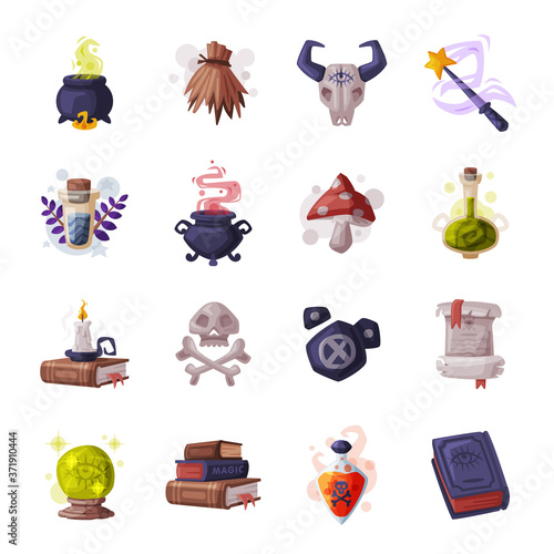 Occult Magic Objects for Mystic Rituals Set, Witchcraft Equipment Cartoon Style Vector Illustration