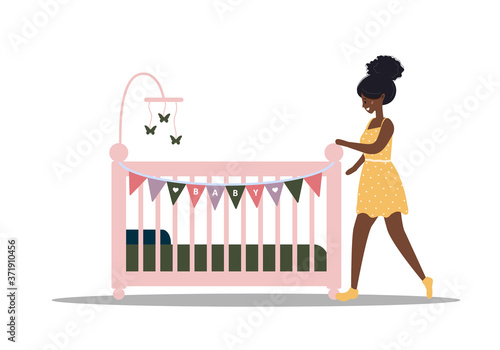 Cot icon. African girl stands at the crib. Simple element from baby things icons collection. Creative baby cradle for ui, ux, apps, software and infographics. Vector illustration in flat style.