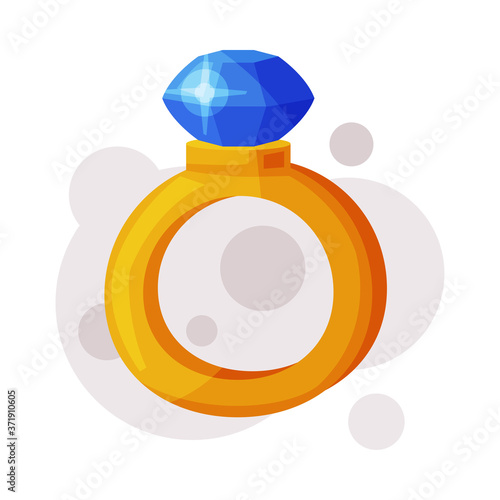 Gold Ring with Blue Gem, Occult Magic Object for Mystic Ritual Cartoon Style Vector Illustration