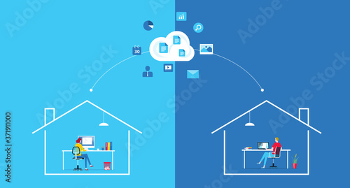 flat vector work from home workplace concept and business smart working online connect with cloud computing server concept