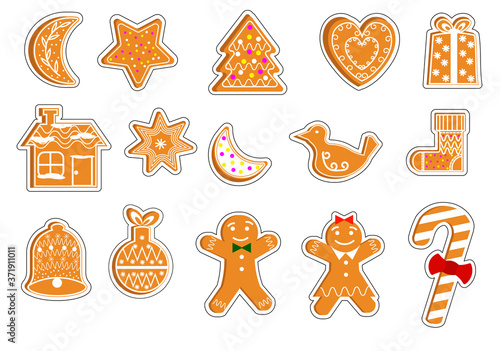 A set of stickers for the holiday. Christmas stickers. Vector illustration isolated on white background. For children, gifts, packaging, shops.