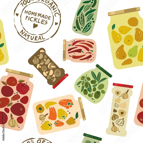 Seamless pattern with homemade pickled glass jars with vegetables, fruits, spices and stamped organic food. Background with homemade canned food for printing on textiles, paper. Vector illustration.