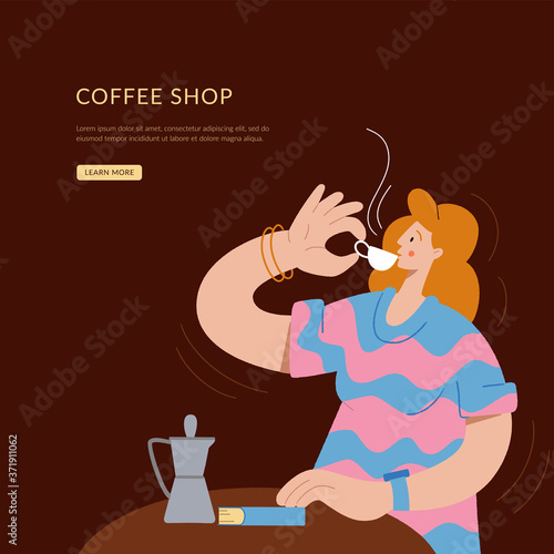 A girl with a book is drinking coffee in a cafe. Landing page mockup for cafeteria, online store or coffee shop restaurant. Coffee shop website banner template, flat vector illustration.